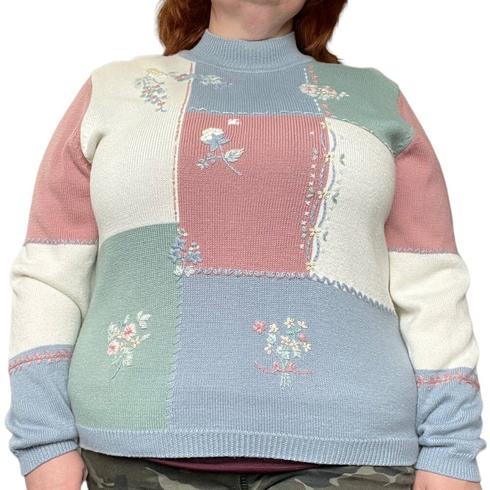 Vintage Alfred Dunner Pink Blue Cottagecore Floral Mock Neck Sweater XL Pastel